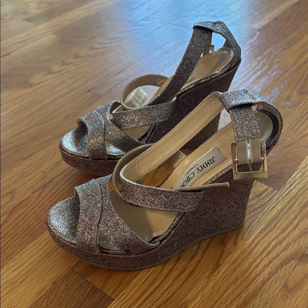 Jimmy Choo Glitter Platform Wedge Sandals - Rose Gold - Picture 3 of 4